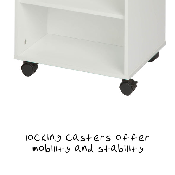 Locking caster wheels let this creativity HQ roam from room to room