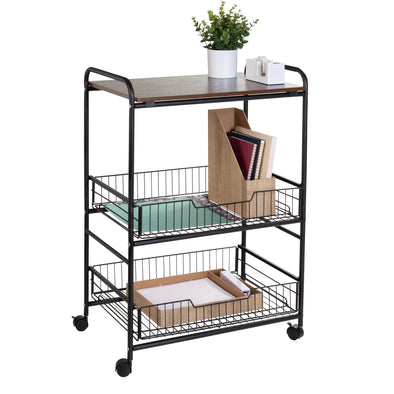 Black/Walnut 3-Tier Cart with Wood Shelf and Pull-Out Baskets