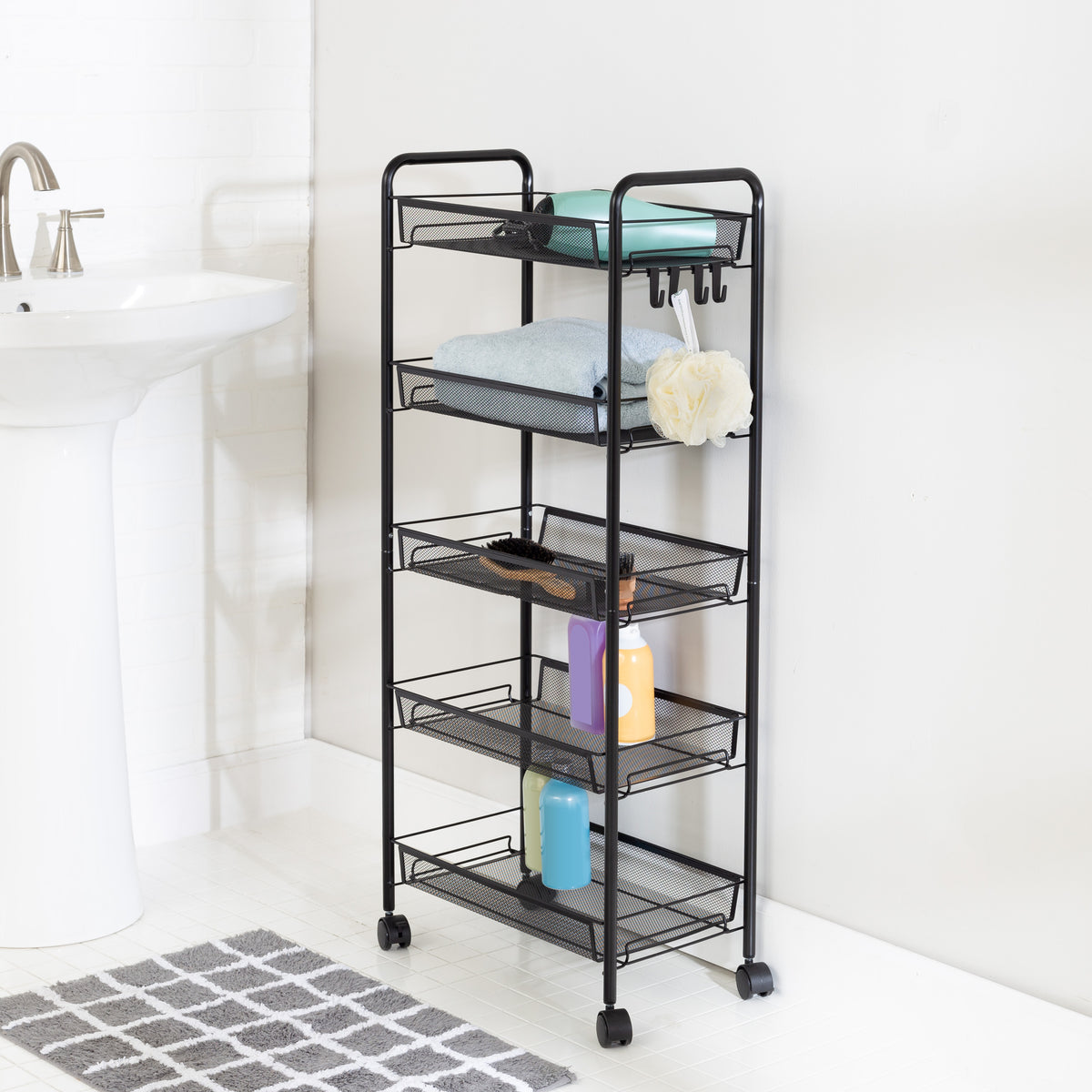 Black 5-Tier Storage Cart with 4 Hooks