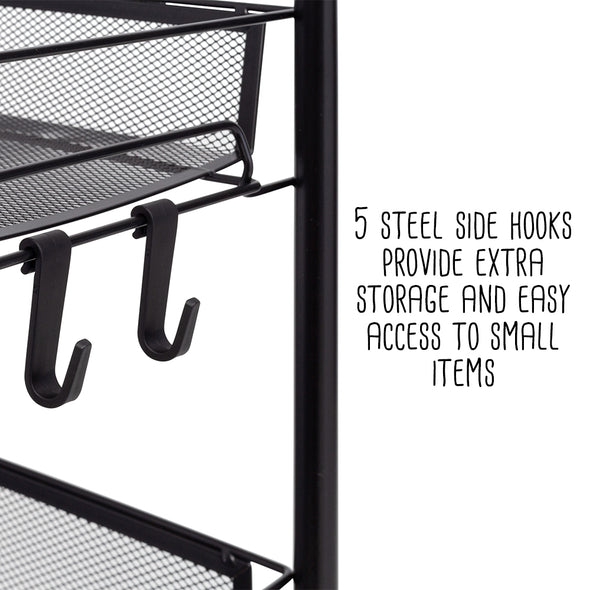 Black 4-Tier Metal Storage Cart with 5 Hooks