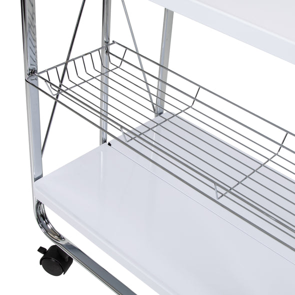 White/Chrome Folding Kitchen Cart with Metal Basket