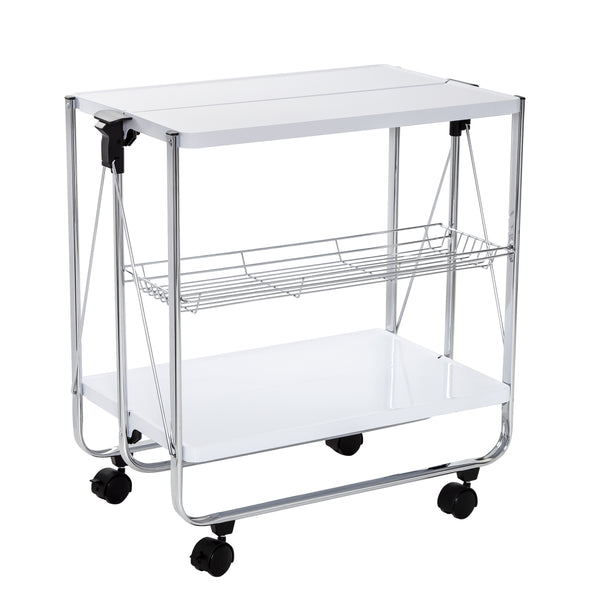 White/Chrome Folding Kitchen Cart with Metal Basket