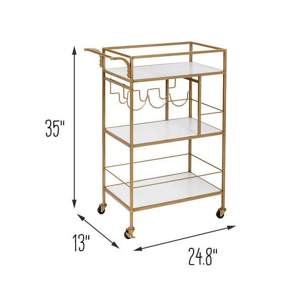 Gold/White 3-Tier Rolling Bar Cart with Rack and Handle