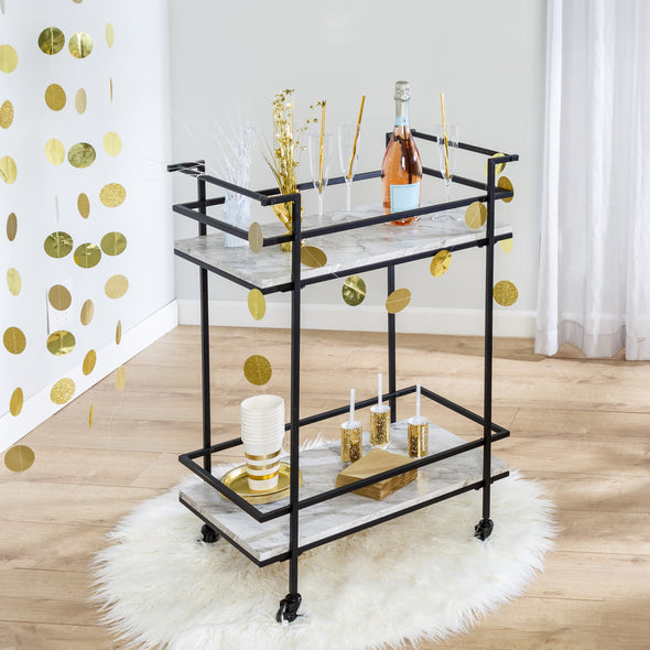 Black/White Faux Marble 2-Tier Bar and Serving Cart