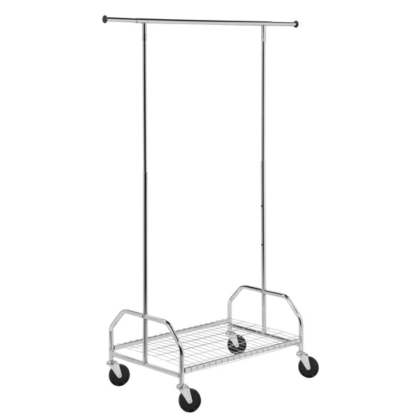 Chrome Rolling Clothes Rack with Adjustable Bar and Shelf