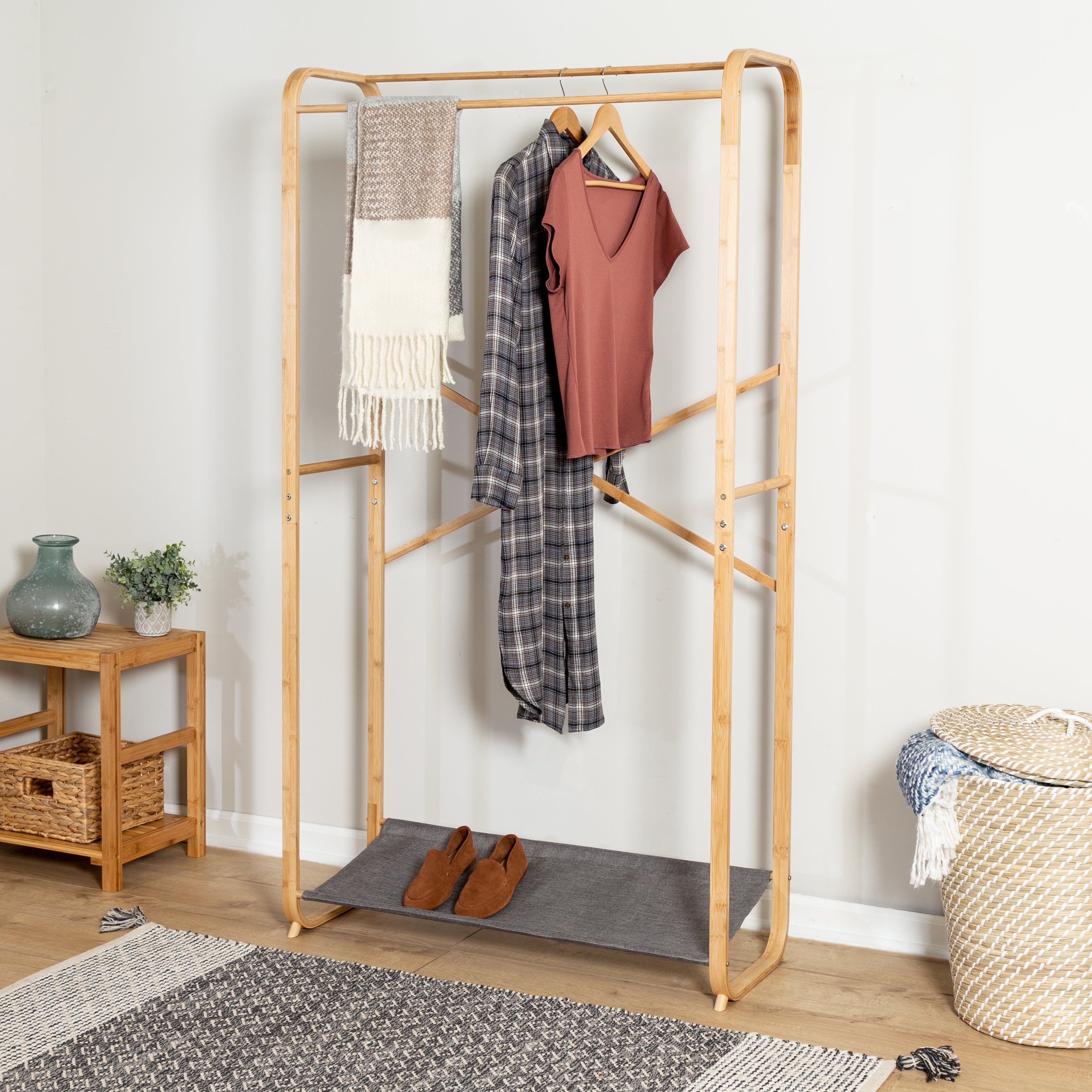 Ufine Bamboo Garment Rack 6 Tier Storage Shelves Clothes Hanging