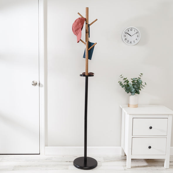 Black/Brown Freestanding Coat Rack with Accessory Tray
