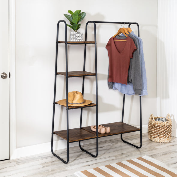 Black/Natural Freestanding Metal Clothing Rack with Wood Shelves