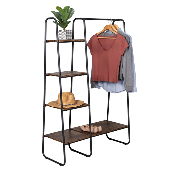 Black/Natural Freestanding Metal Clothing Rack with Wood Shelves