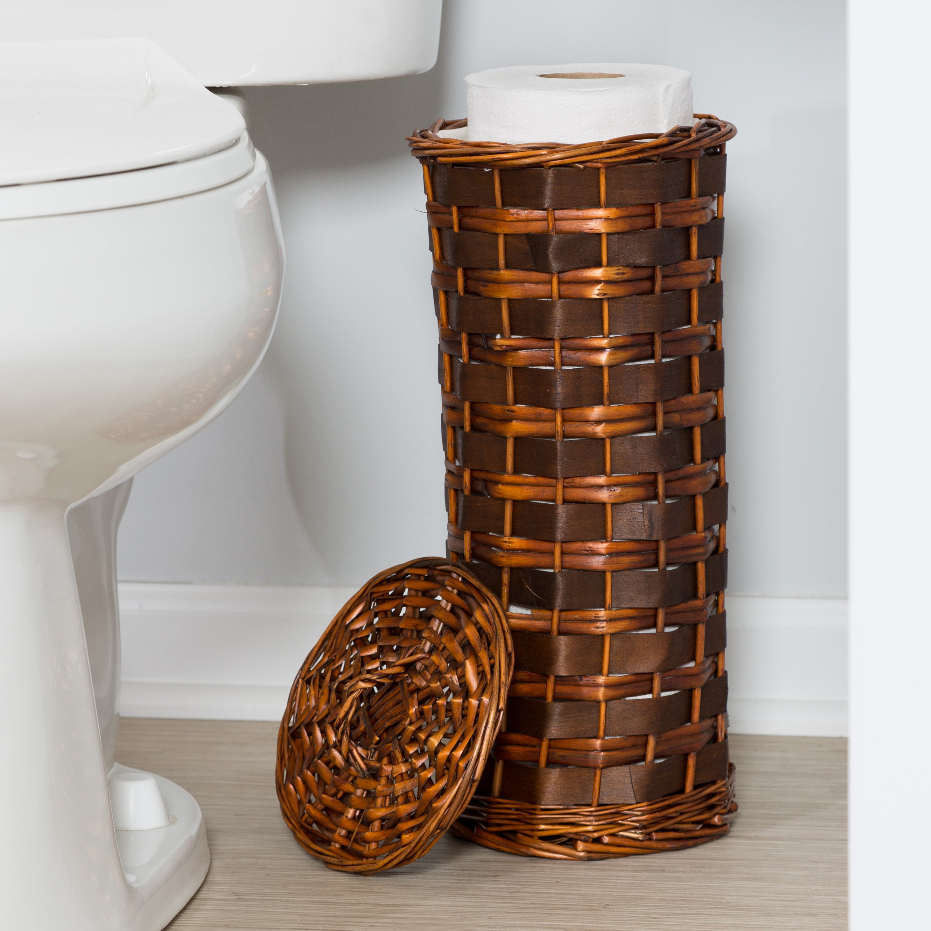 Rattan Cylinder Toilet Roll Holder - Bathroom Storage Rattan Basket