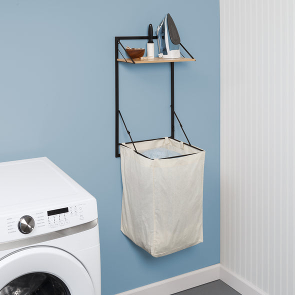 Black/Maple Over-the-Door or Wall-Mount Folding Hamper with Shelf
