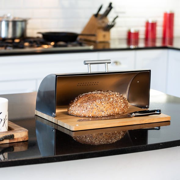Stainless Steel Bread Box with Bamboo Cutting Board