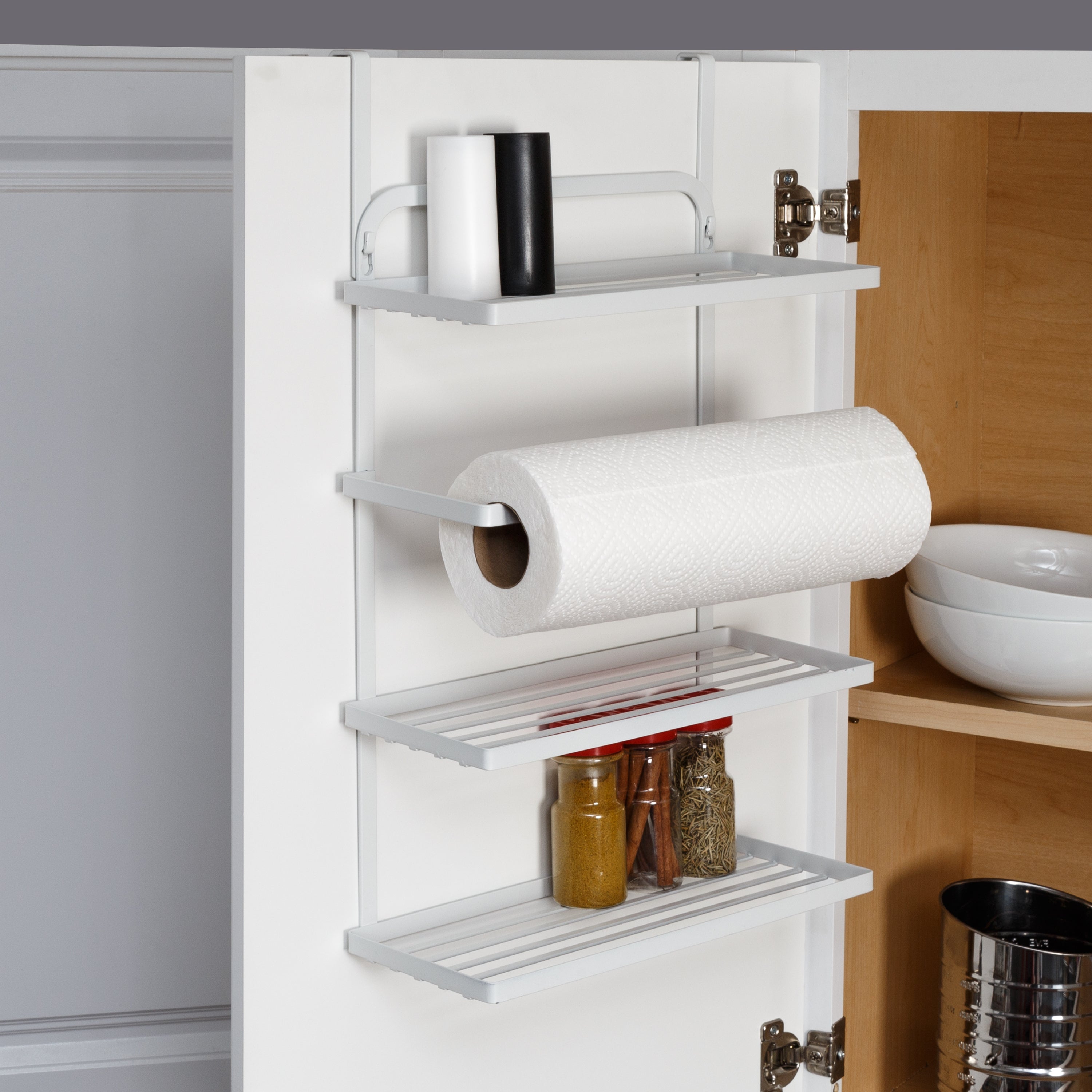 Gray 3-Tier Over-the-Door Kitchen Organizer with Paper Towel Holder