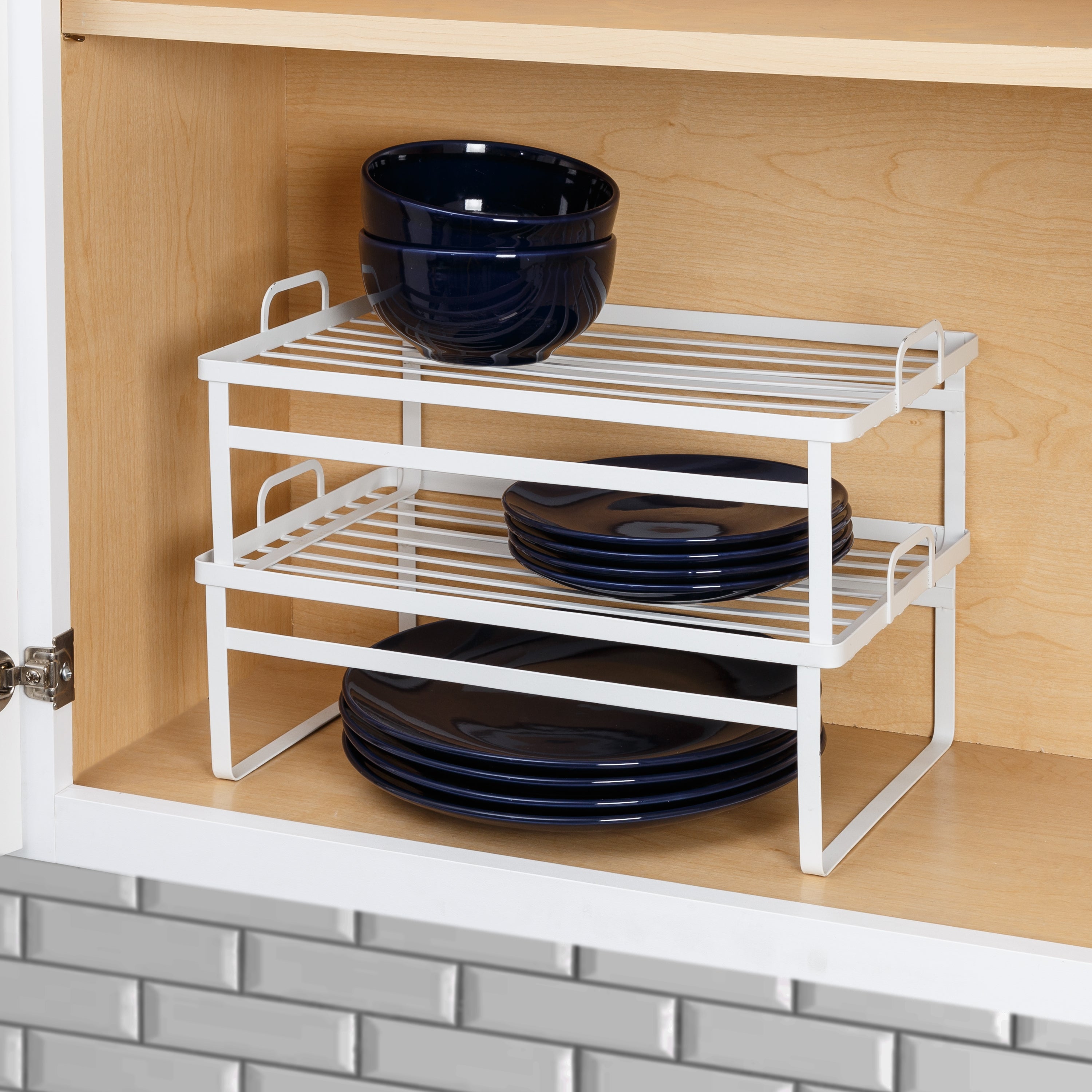2 Pack White Kitchen Cabinets Countertop Shelf Organizers, Expandable &  Stackabl 