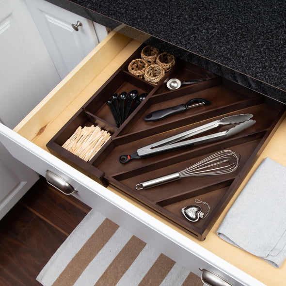 Walnut Expandable Diagonal Bamboo Drawer Organizer