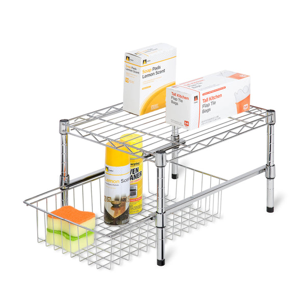 Chrome Small Cabinet Organizer With Basket and Adjustable Shelf