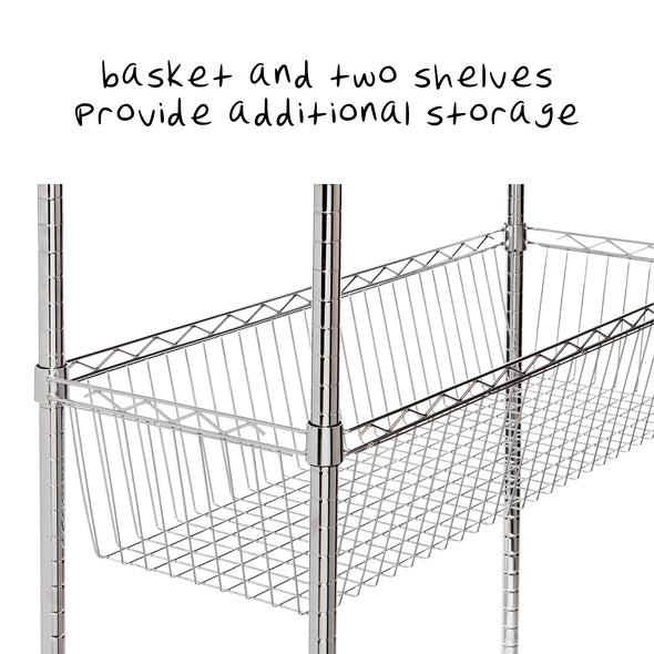 Basket and two shelves provide additional storage