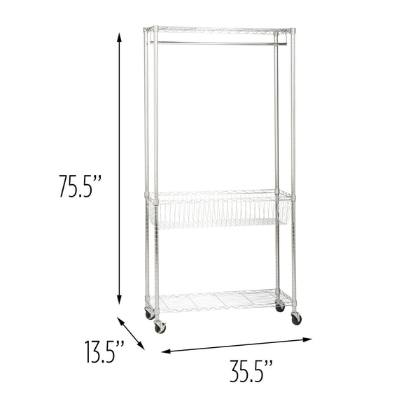 Chrome Rolling Laundry Clothes Rack with Shelves
