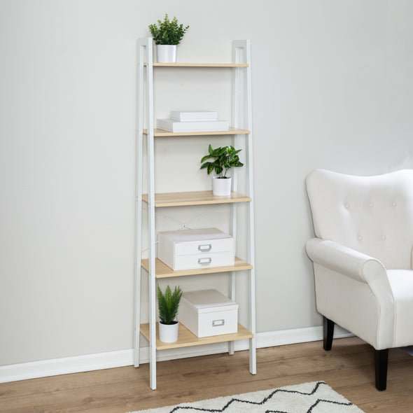 Natural/White 5-Tier Wood and Metal A-Frame Ladder Shelf