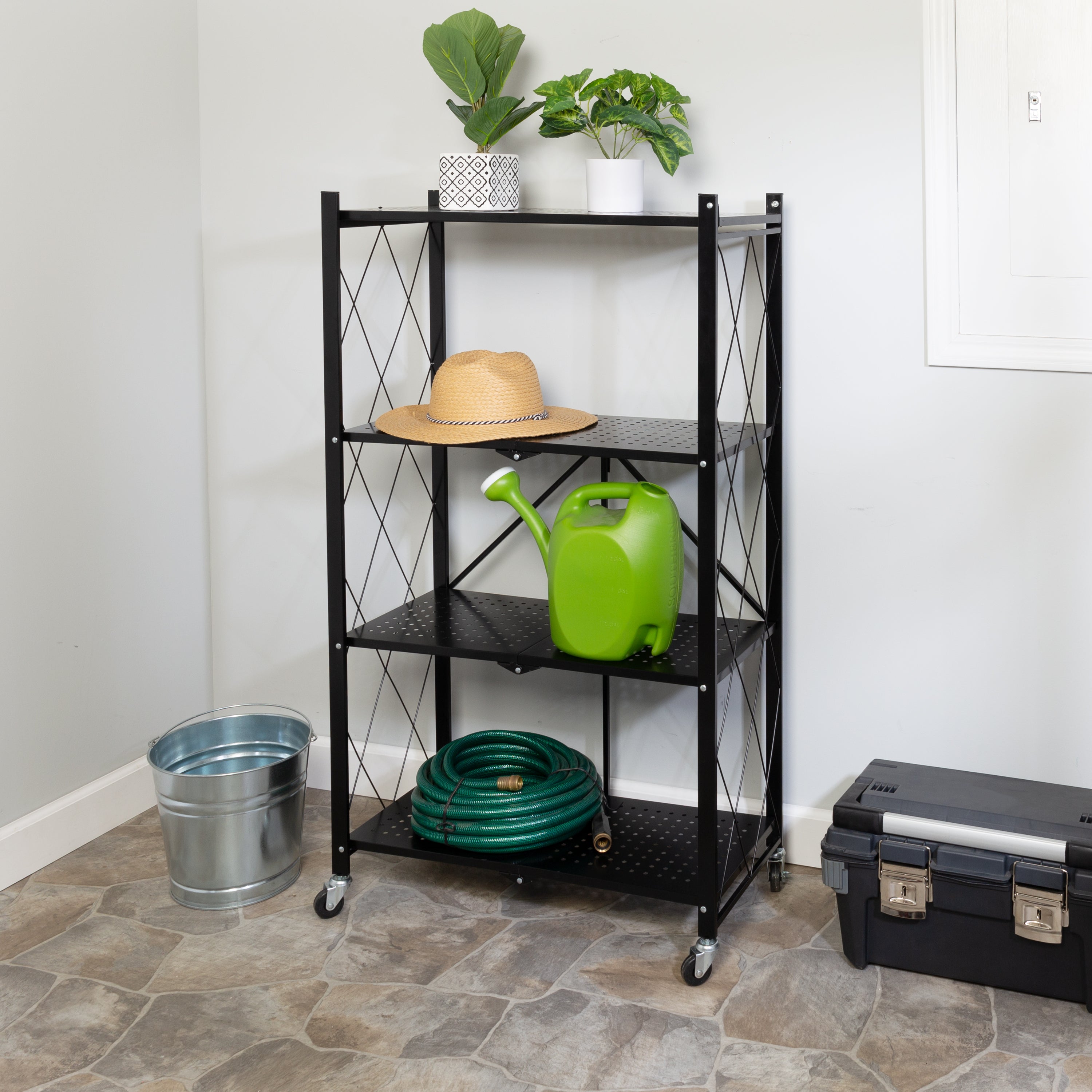 Honey Can Do Collapsible 4-Tier Metal Shelf on Wheels, Black