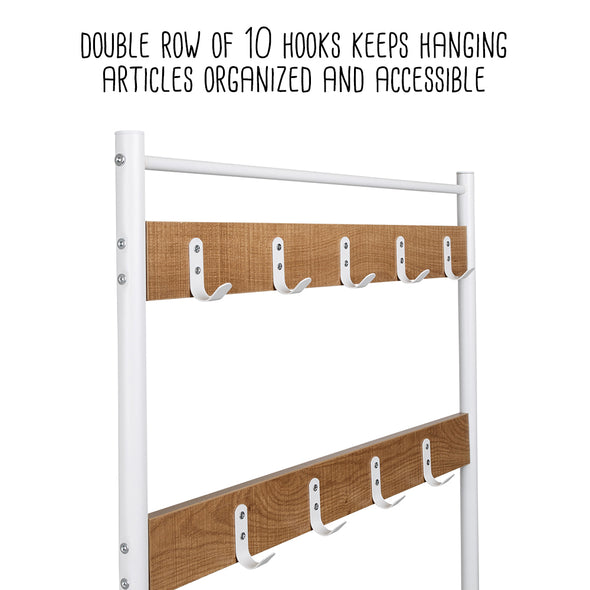 Double row of 9 hooks keeps hanging articles organized and accessible