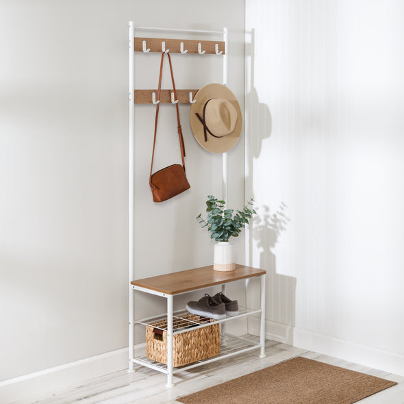 Metal and wood hall tree with bench, shoe storage, and coat hooks
