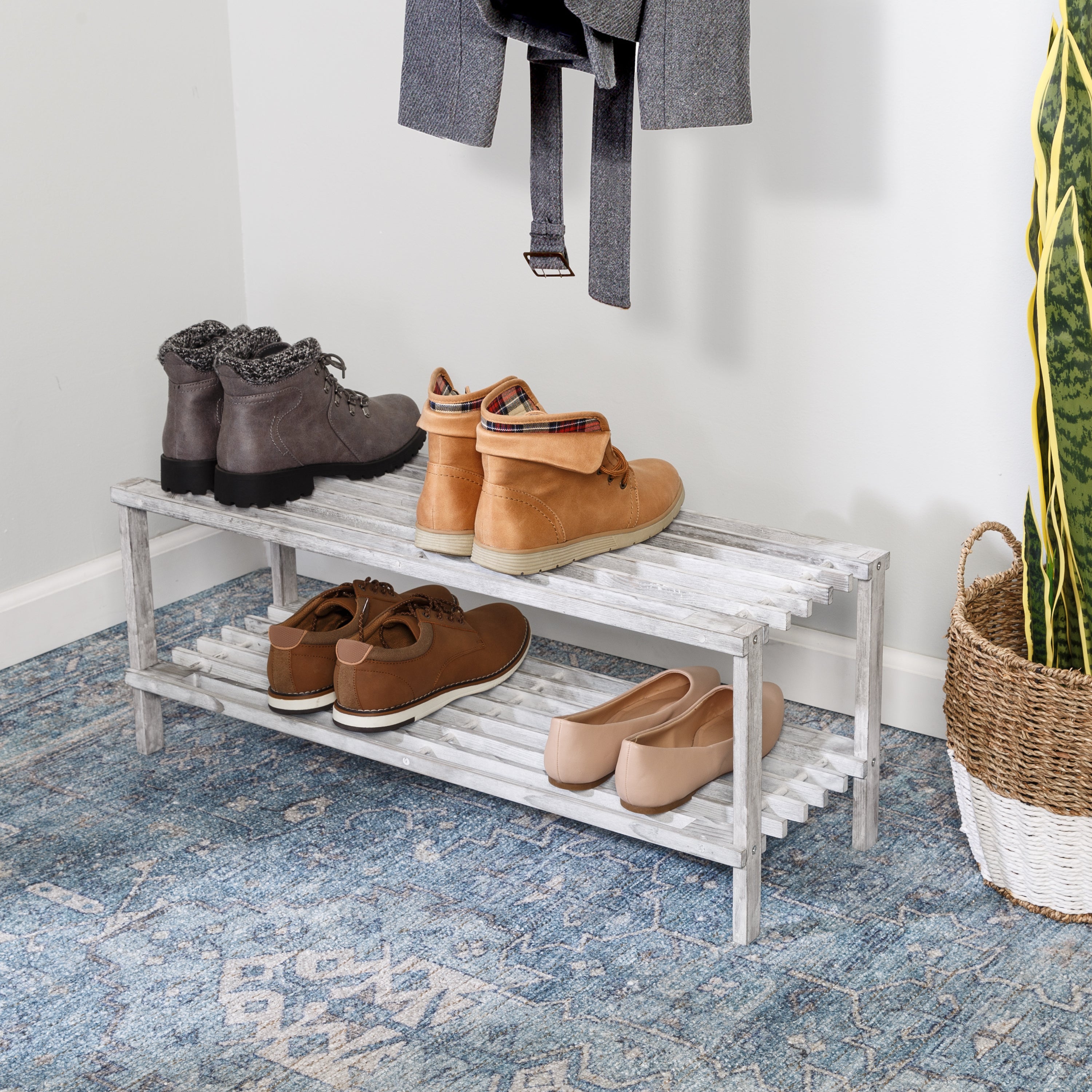 Gray 2-Tier Wood Shoe Rack - Main Image