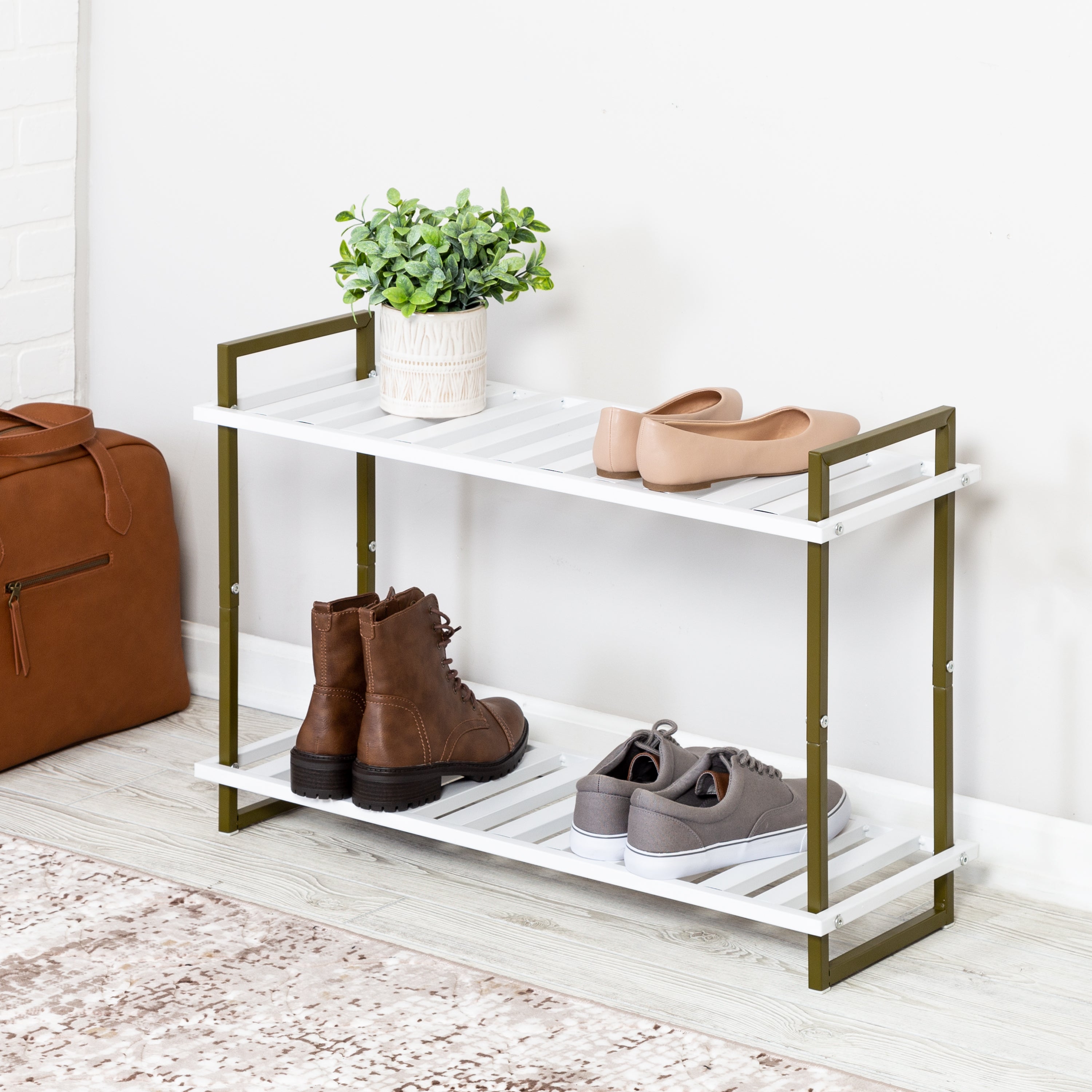 Honey-Can-Do 2-Tier Tubular Metal Shoe Rack - Olive and White