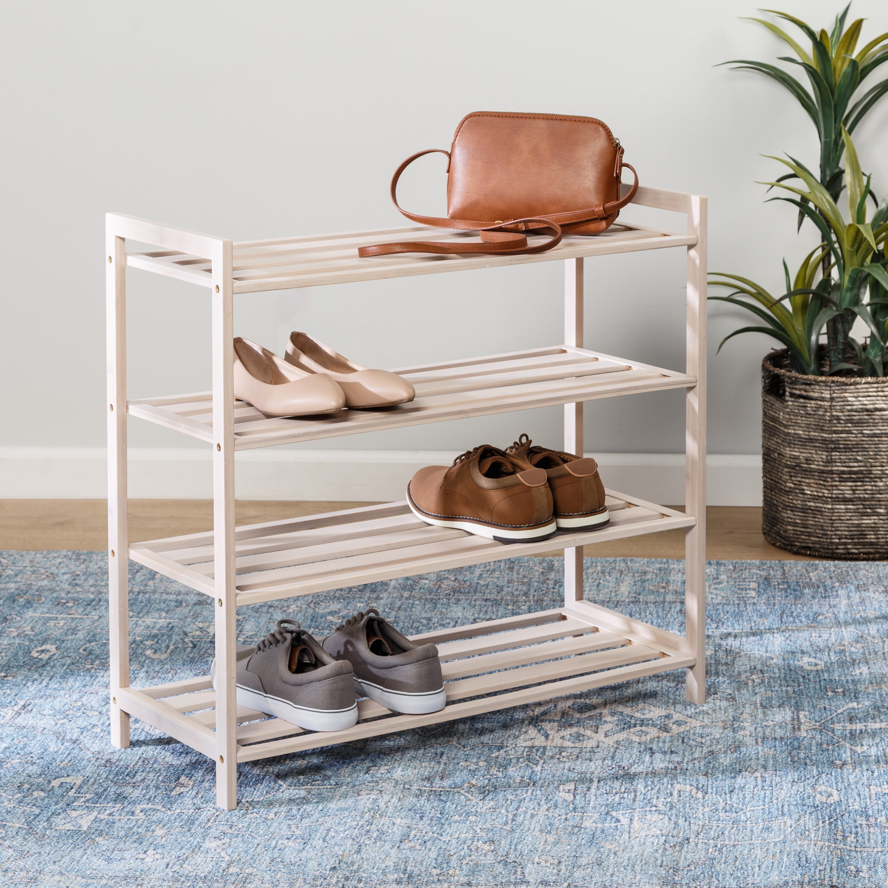 Bamboo She Rack White Wash 4-Tier Bamboo Shoe Rack