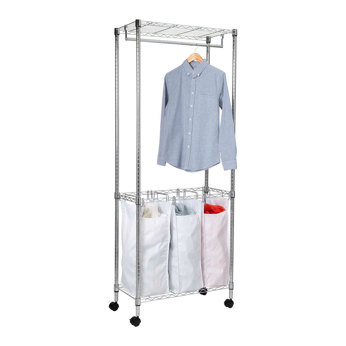 Chrome Rolling Laundry Center Triple Sorter and Clothes Hanging Bar