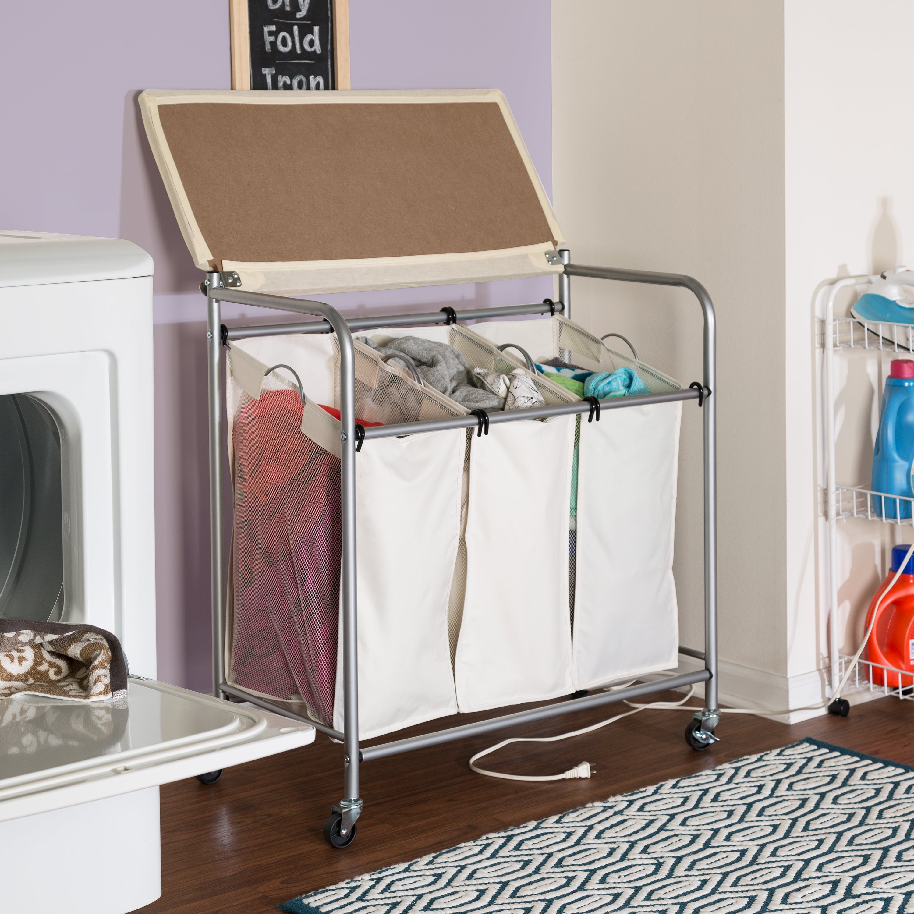 Natural/Silver Rolling Triple Laundry Sorter with Ironing Board Top