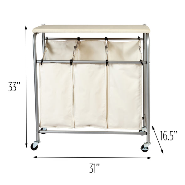 Natural/Silver Rolling Triple Sorter with Ironing Board Top