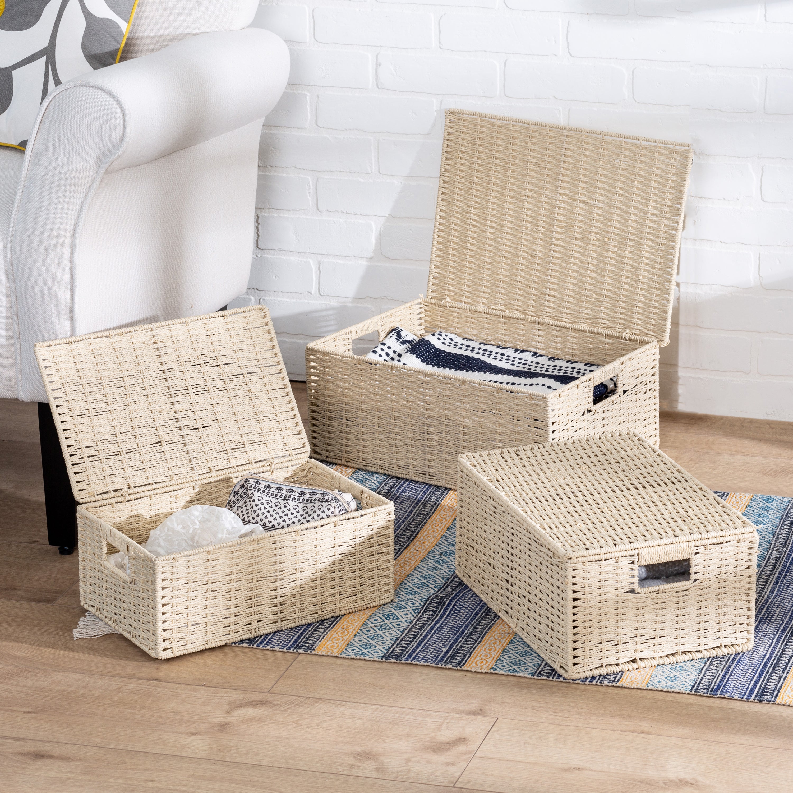 1 Large And 2 Small Paper Rope Baskets For Storage Organization, Stackable Storage  Baskets For Shelving, 1 Large And 2 Small Baskets