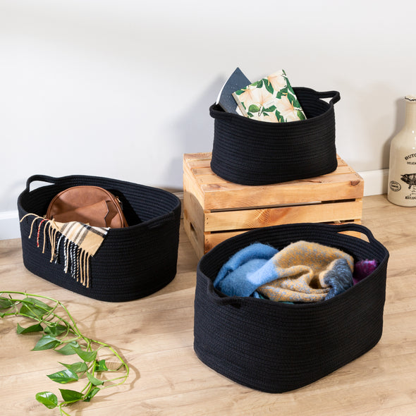 Black Cotton Cord Nesting Baskets with Handles (Set of 3)