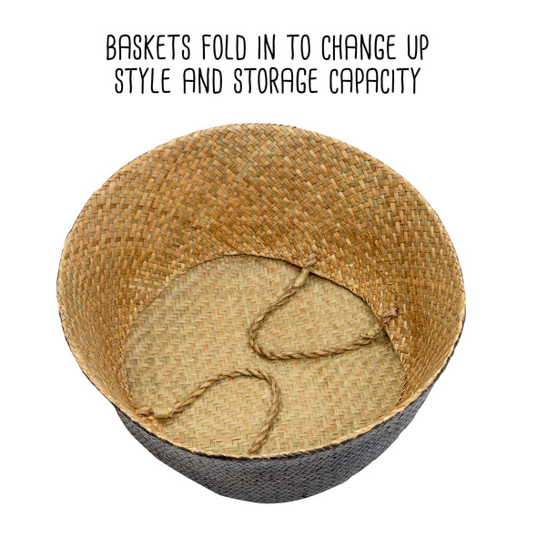 Natural/Black Seagrass Folding Belly Baskets (Set of 2)