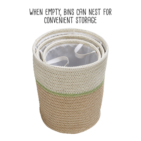 Green/Natural Paper Straw Nesting Baskets with Handles (Set of 3)