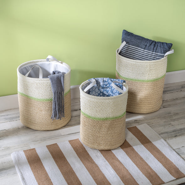 Green/Natural Paper Straw Nesting Baskets with Handles (Set of 3)