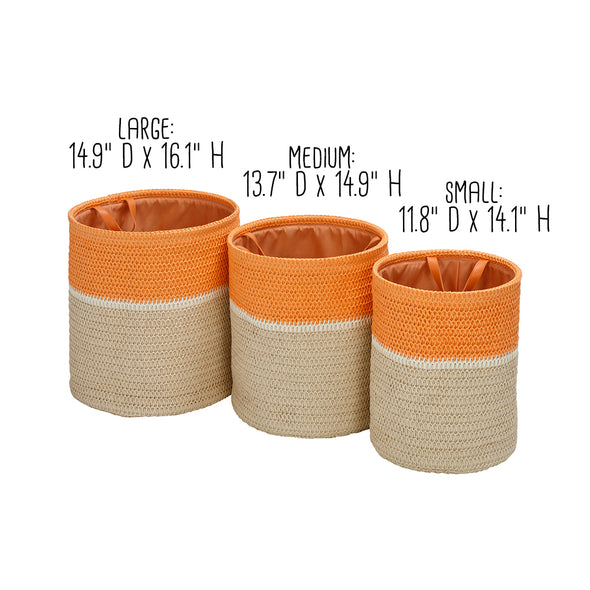 Orange/Natural Paper Straw Nesting Baskets with Handles (Set of 3)