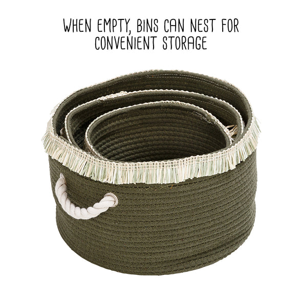 Olive Green/White Cotton Rope Nesting Baskets with Fringe (Set of 3)