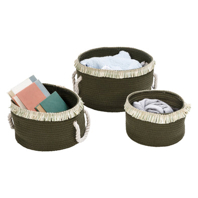 Olive Green/White Cotton Rope Nesting Baskets with Fringe (Set of 3)