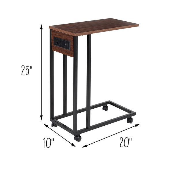 Walnut/Black C-Shaped Side Table with Outlets and Wheels