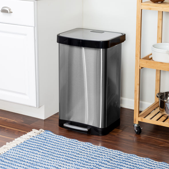 Sleek and sturdy square trash can ideal for kitchens or workshops