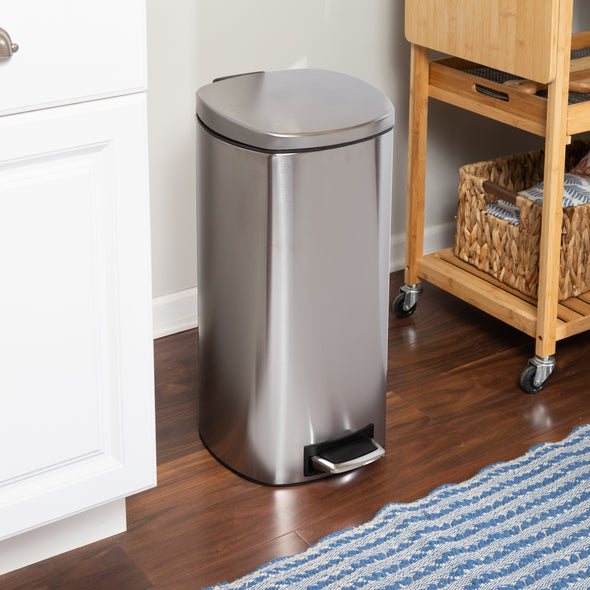 Silver 30L Stainless Steel Soft-Close Step Trash Can with Lid