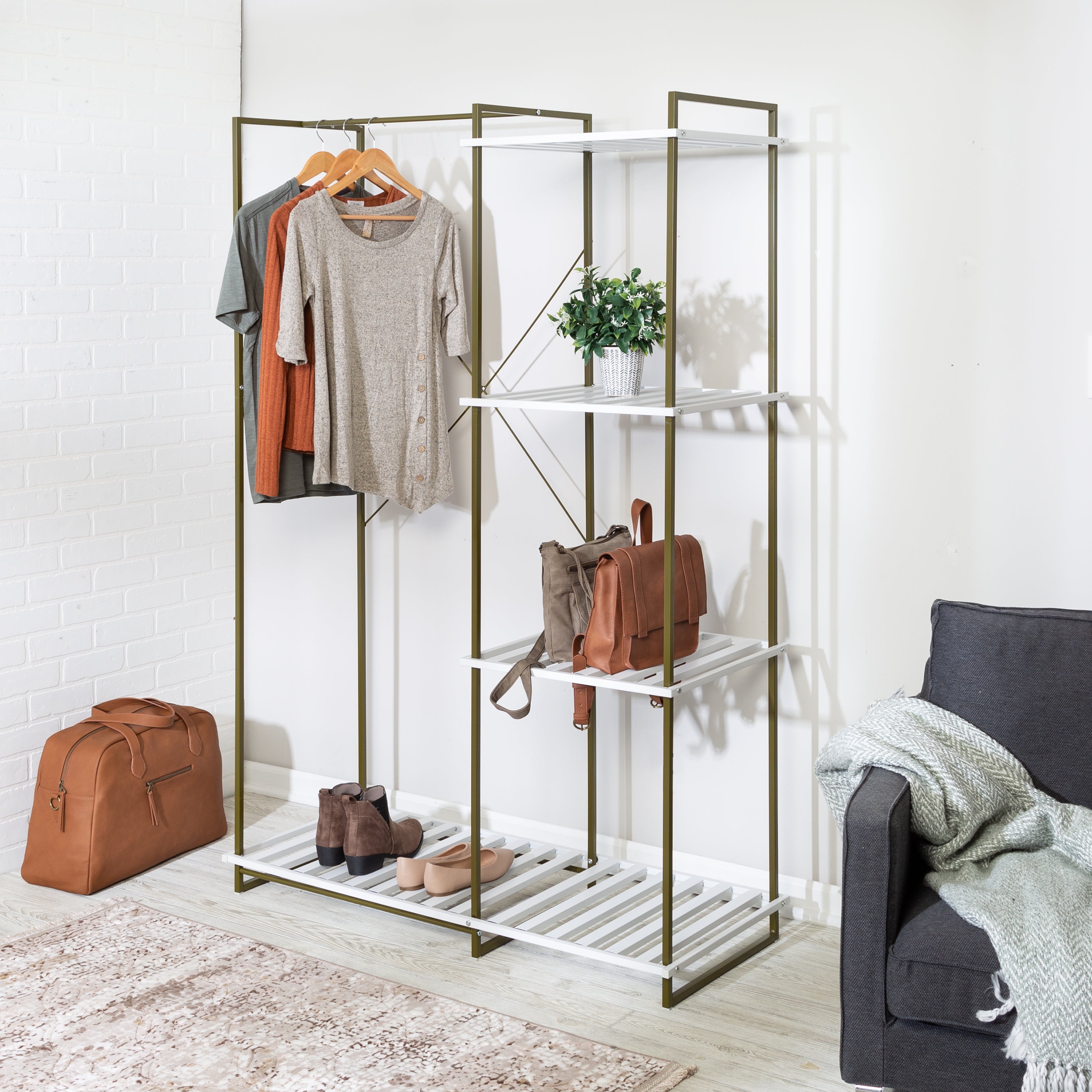 Honey-Can-Do Freestanding Open Metal Closet Wardrobe Olive and White