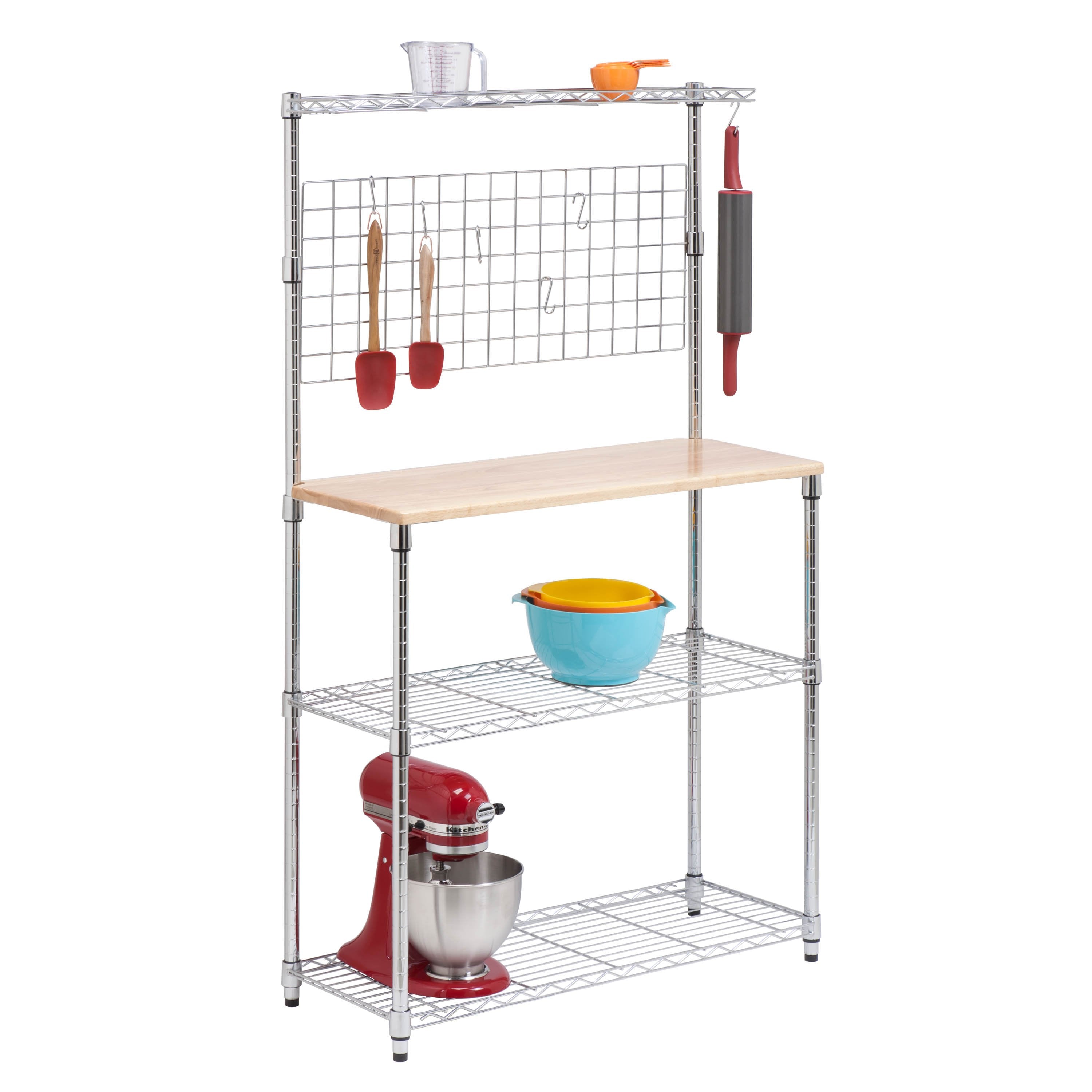 Chrome Natural 4 Tier Baker s Rack with Hanging Grid Storage