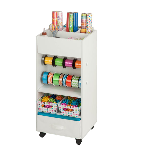 White Craft Storage Cart with Fabric Bin